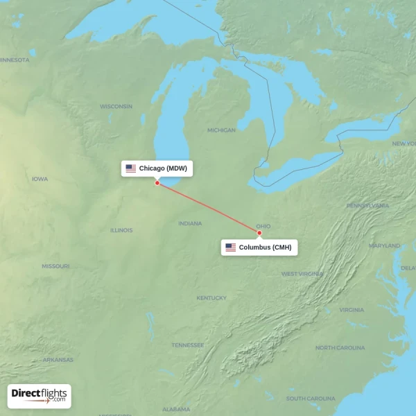 Chicago - Columbus direct flight map