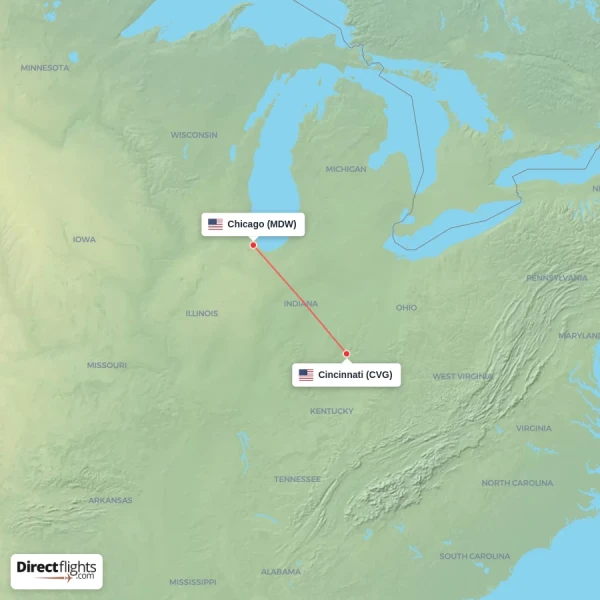 Chicago - Cincinnati direct flight map