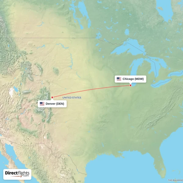 Chicago - Denver direct flight map