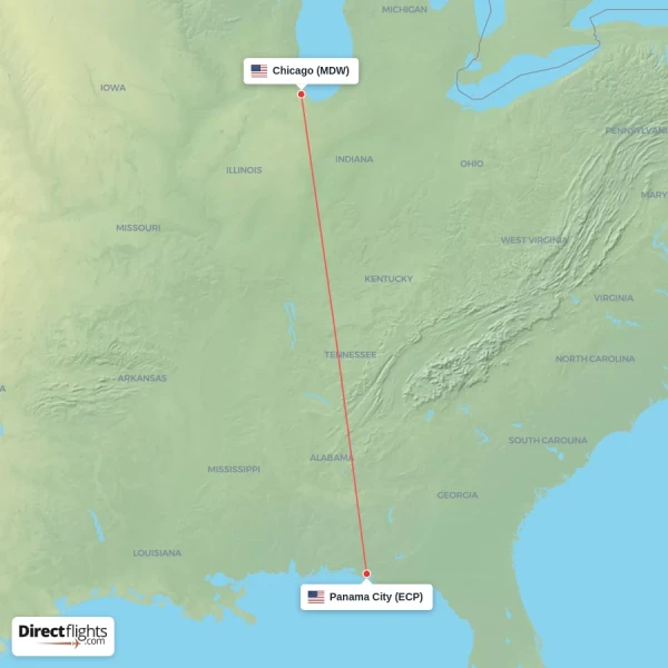 Chicago - Panama City direct flight map