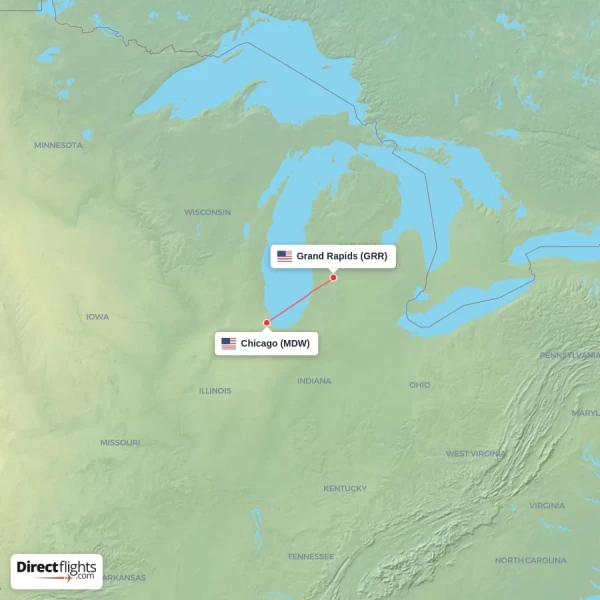 Chicago - Grand Rapids direct flight map
