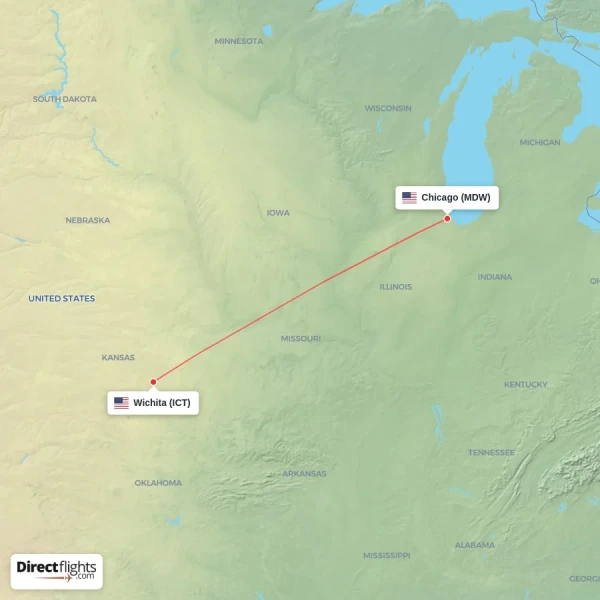 Chicago - Wichita direct flight map