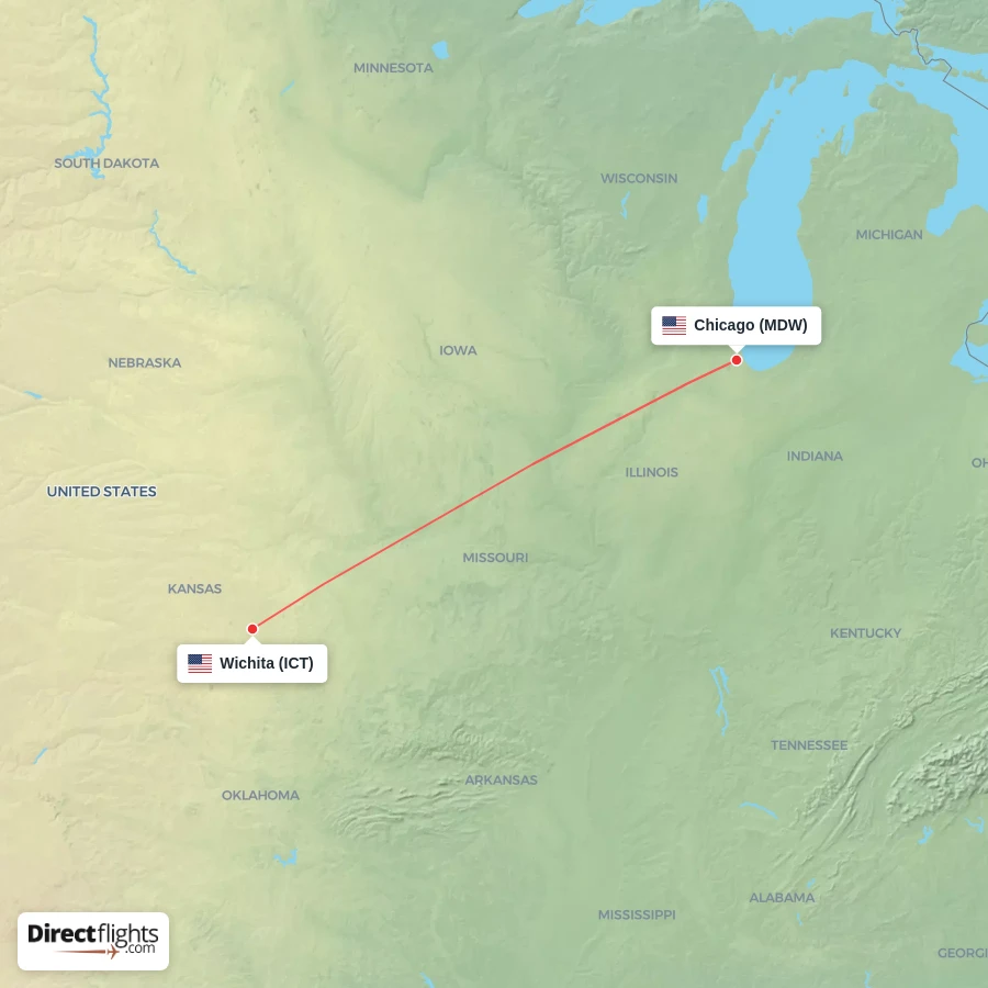 MDW - ICT route map