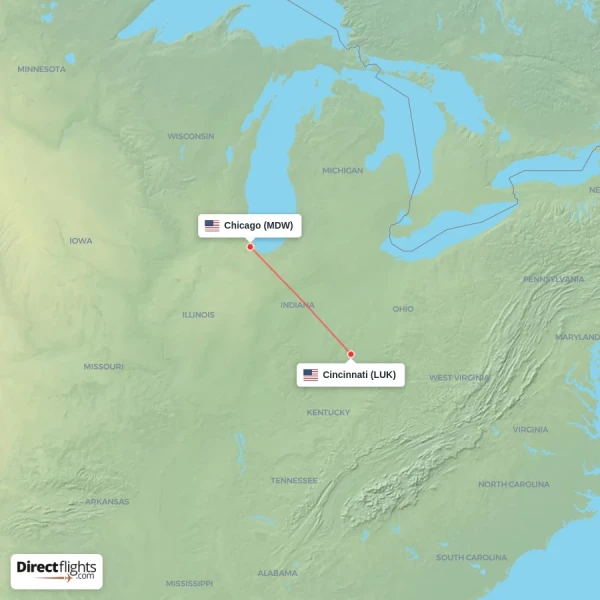 Chicago - Cincinnati direct flight map