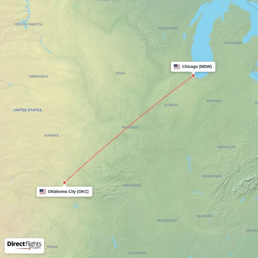 MDW - OKC route map