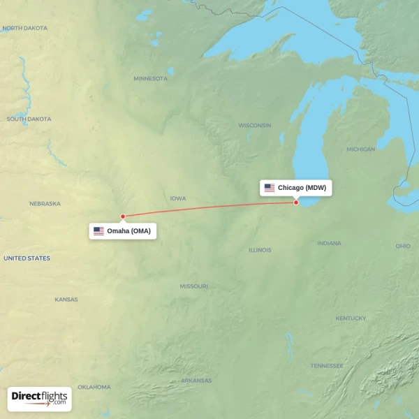 Chicago - Omaha direct flight map