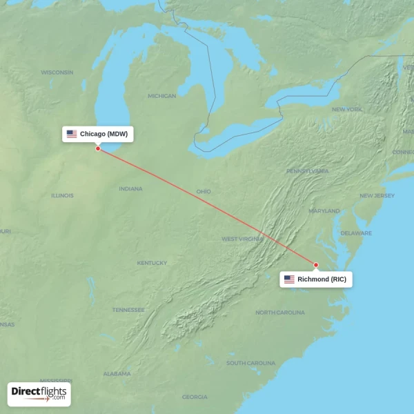 Chicago - Richmond direct flight map