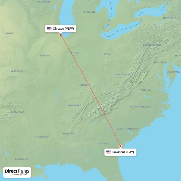 Chicago - Savannah direct flight map