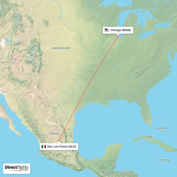 Chicago - San Luis Potosi direct flight map