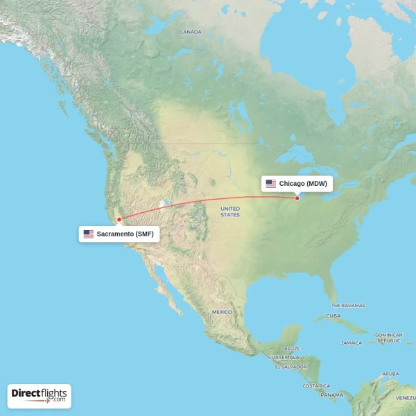Chicago - Sacramento direct flight map