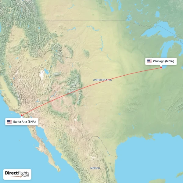 Chicago - Santa Ana direct flight map