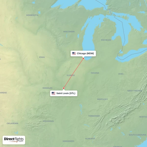 Chicago - Saint Louis direct flight map