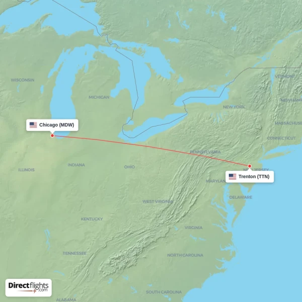 Chicago - Trenton direct flight map