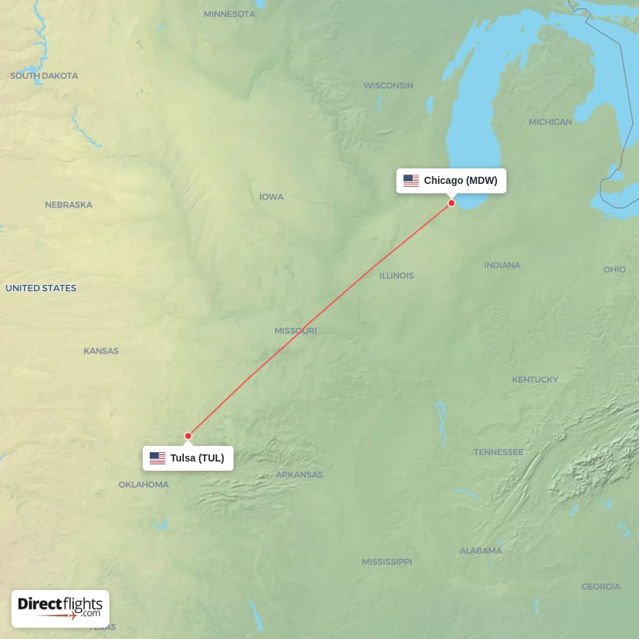 MDW - TUL route map