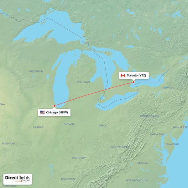 Chicago - Toronto direct flight map