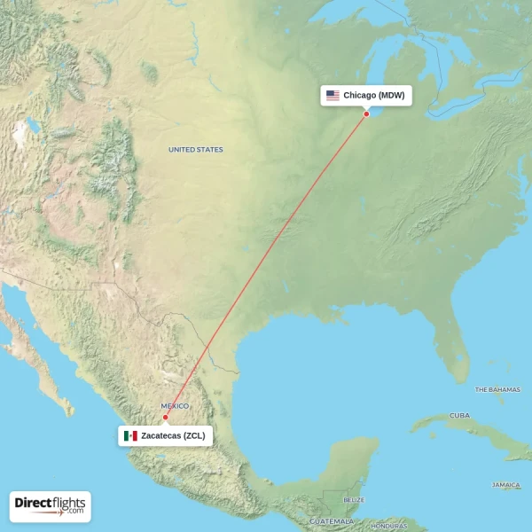 Chicago - Zacatecas direct flight map