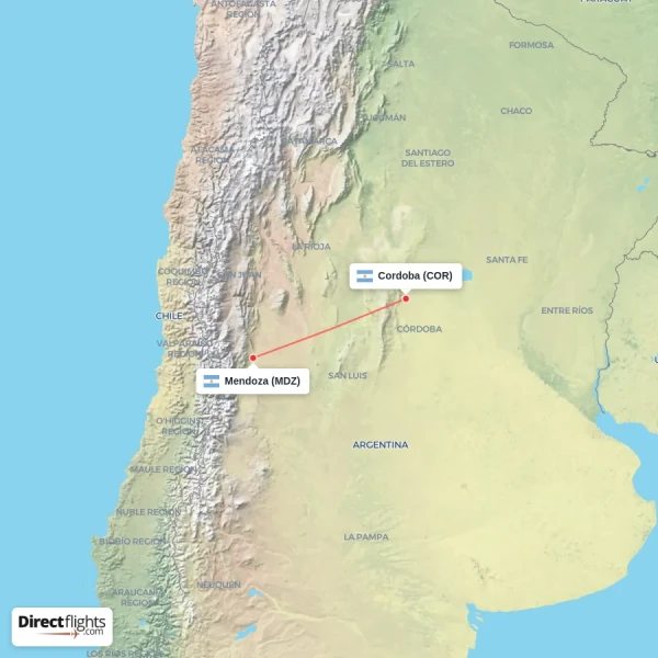Mendoza - Cordoba direct flight map