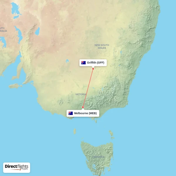 Melbourne - Griffith direct flight map