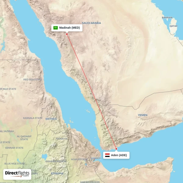 Madinah - Aden direct flight map