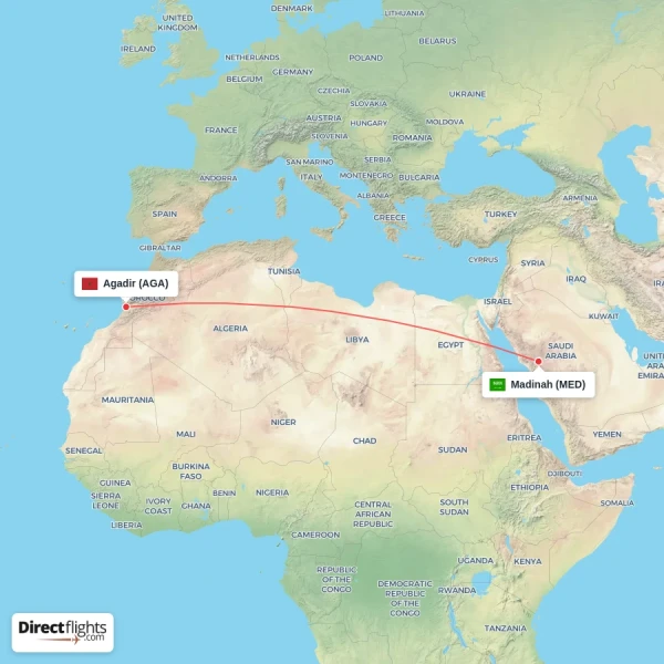 Madinah - Agadir direct flight map