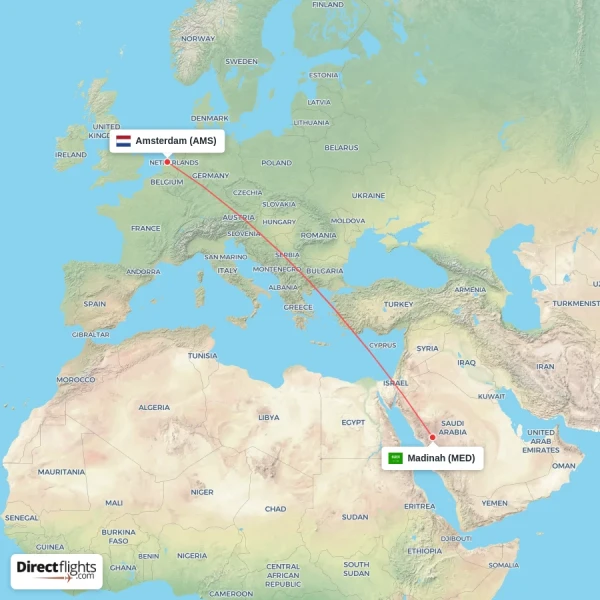Madinah - Amsterdam direct flight map