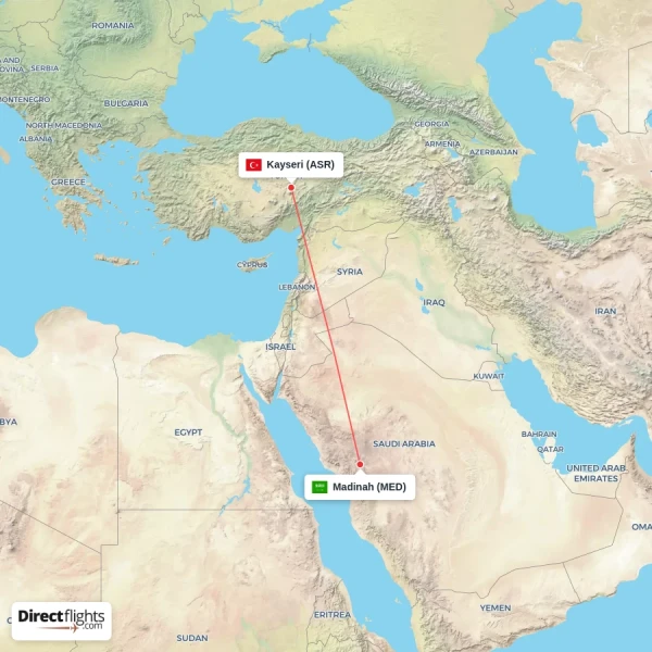 Madinah - Kayseri direct flight map