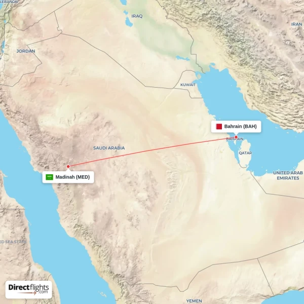 Madinah - Bahrain direct flight map