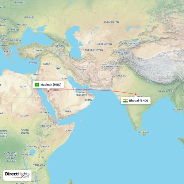 Madinah - Bhopal direct flight map