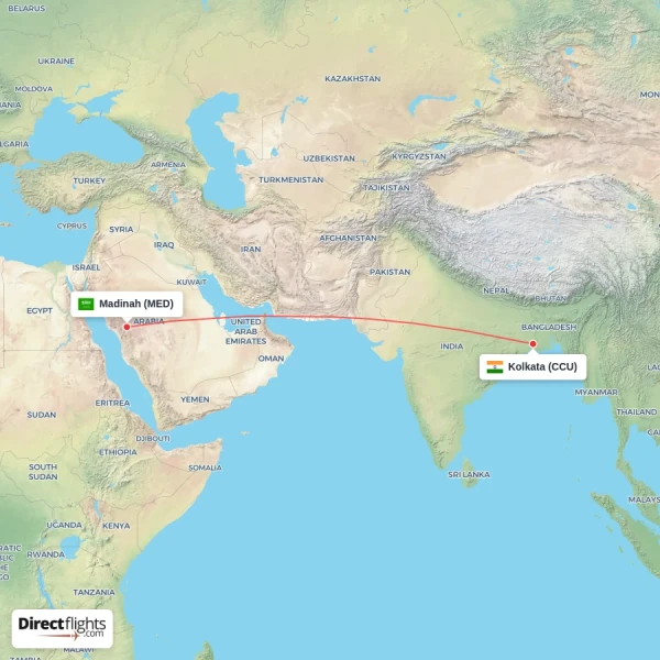 Madinah - Kolkata direct flight map