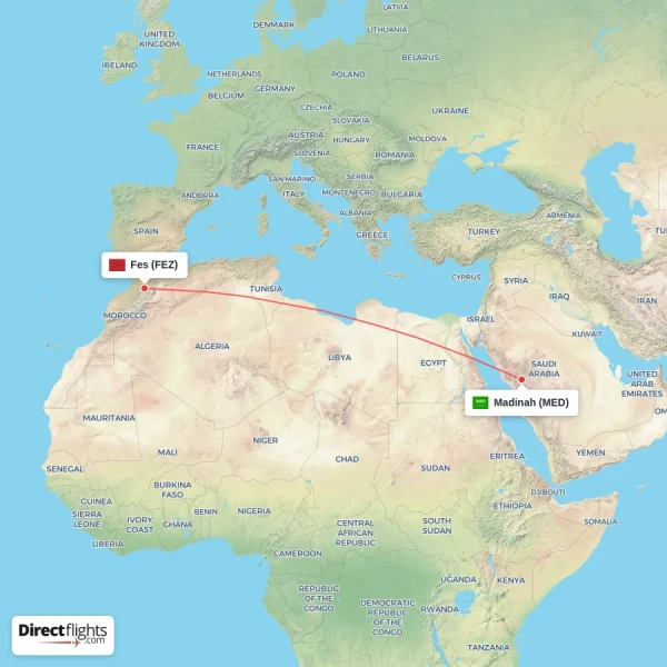 Madinah - Fes direct flight map