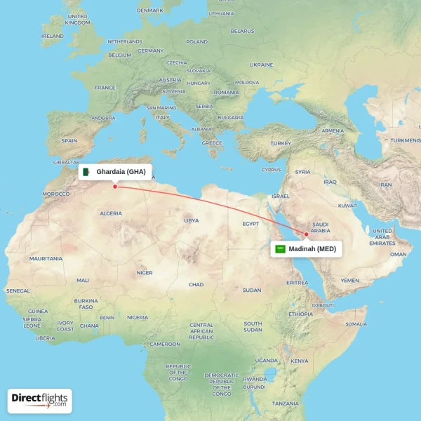 Madinah - Ghardaia direct flight map