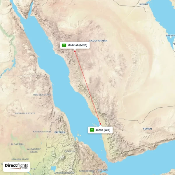 Madinah - Jazan direct flight map