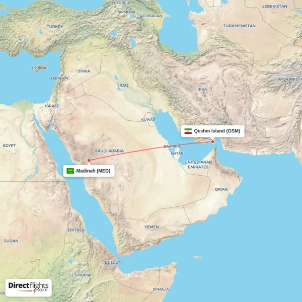 Madinah - Qeshm Island direct flight map
