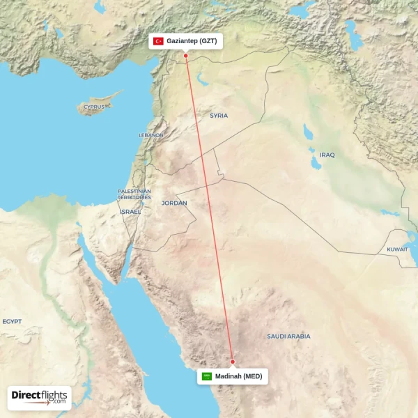 Madinah - Gaziantep direct flight map