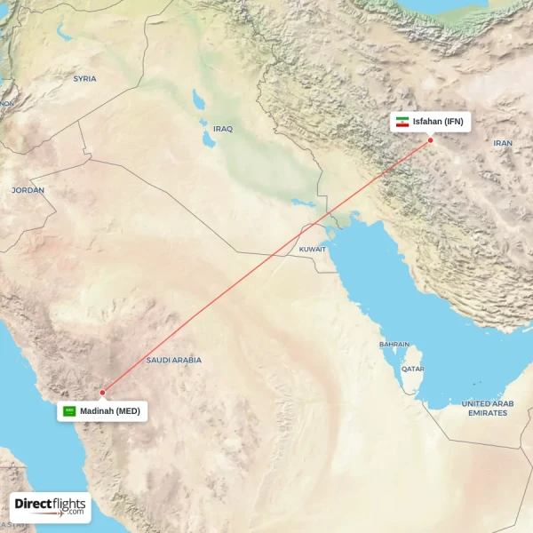 Madinah - Isfahan direct flight map