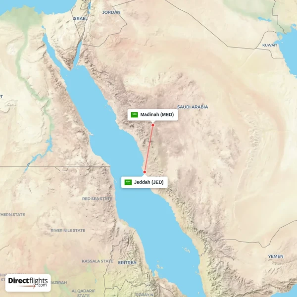 Madinah - Jeddah direct flight map
