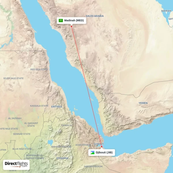 Madinah - Djibouti direct flight map