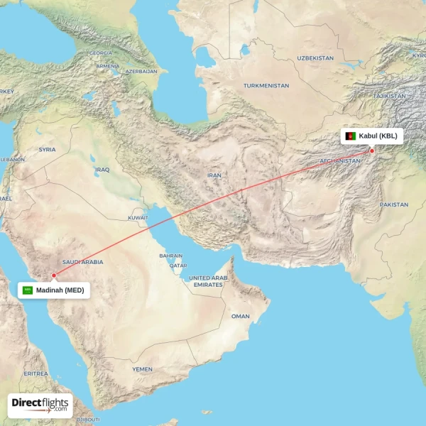Madinah - Kabul direct flight map