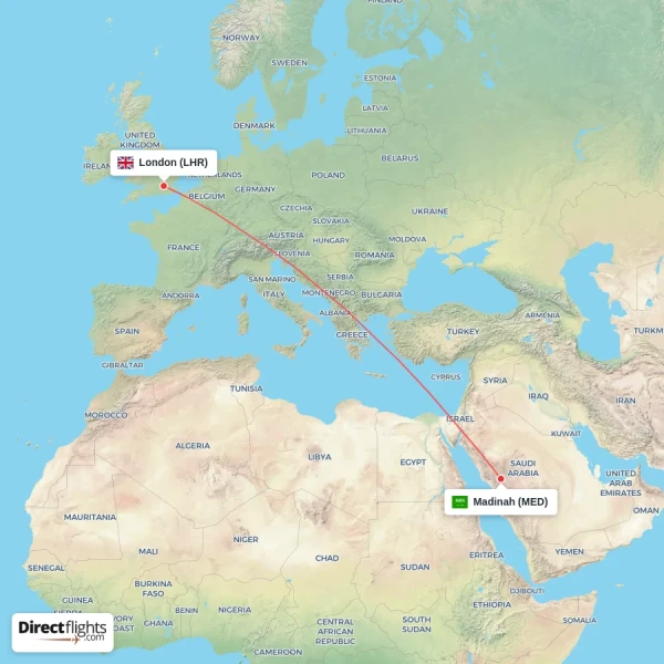 Madinah - London direct flight map