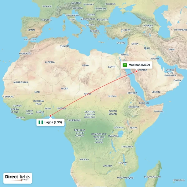 Madinah - Lagos direct flight map