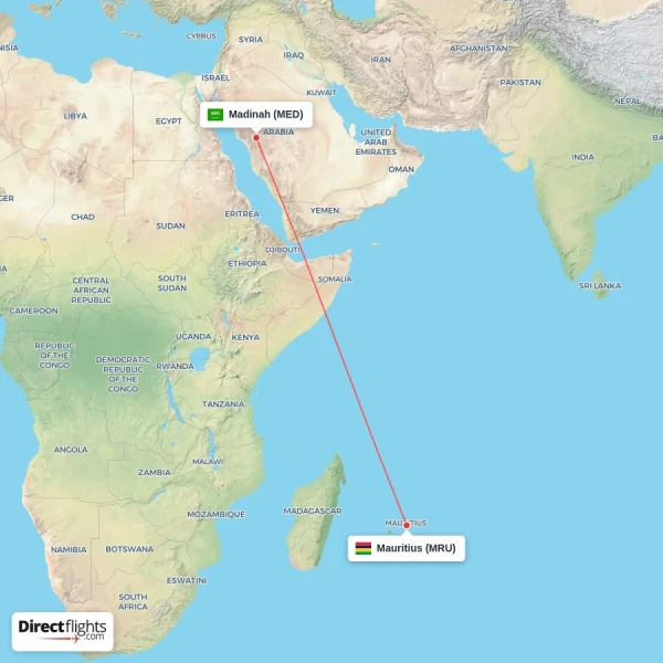 Madinah - Mauritius direct flight map
