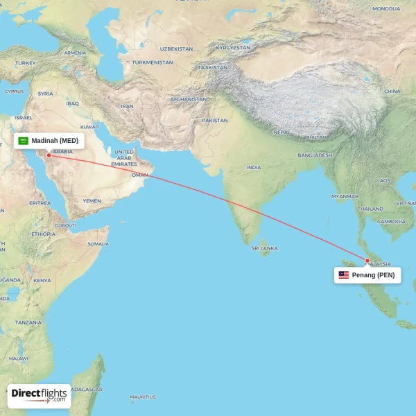 Madinah - Penang direct flight map
