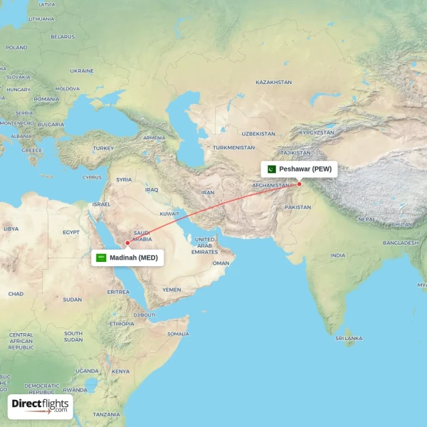 Madinah - Peshawar direct flight map