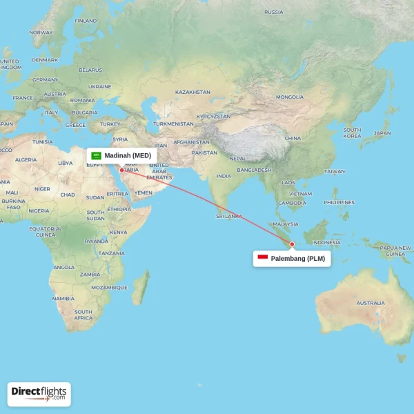 Madinah - Palembang direct flight map