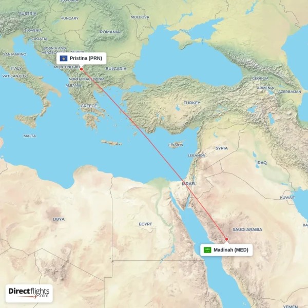 Madinah - Pristina direct flight map