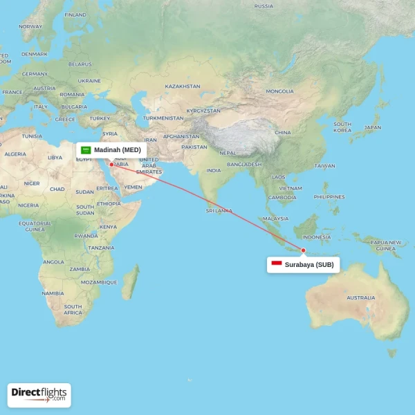 Madinah - Surabaya direct flight map