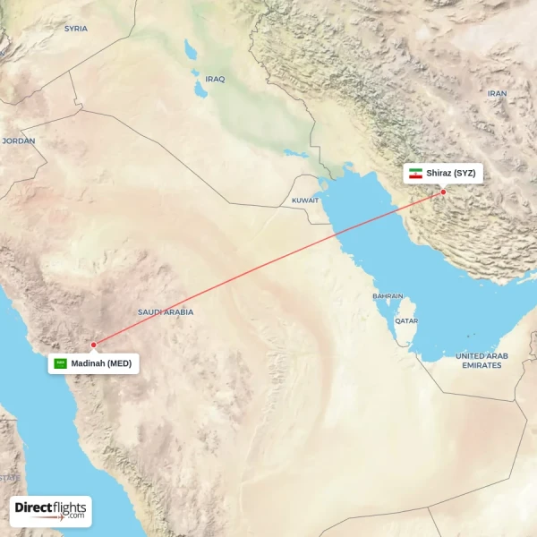 Madinah - Shiraz direct flight map