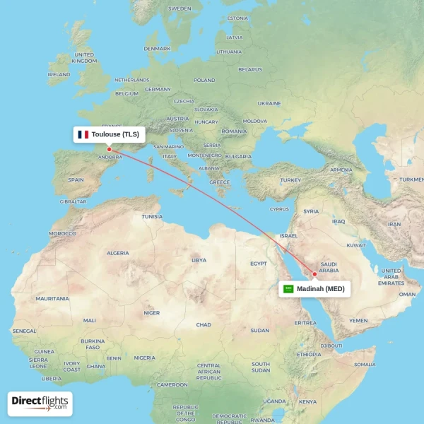 Madinah - Toulouse direct flight map