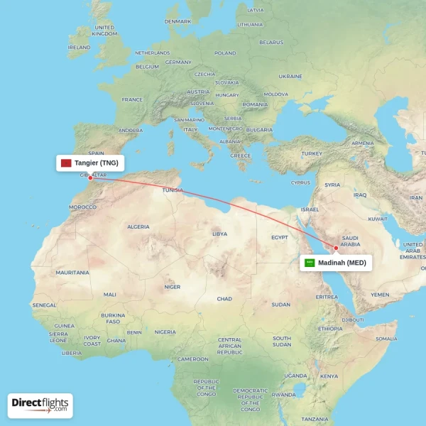 Madinah - Tangier direct flight map