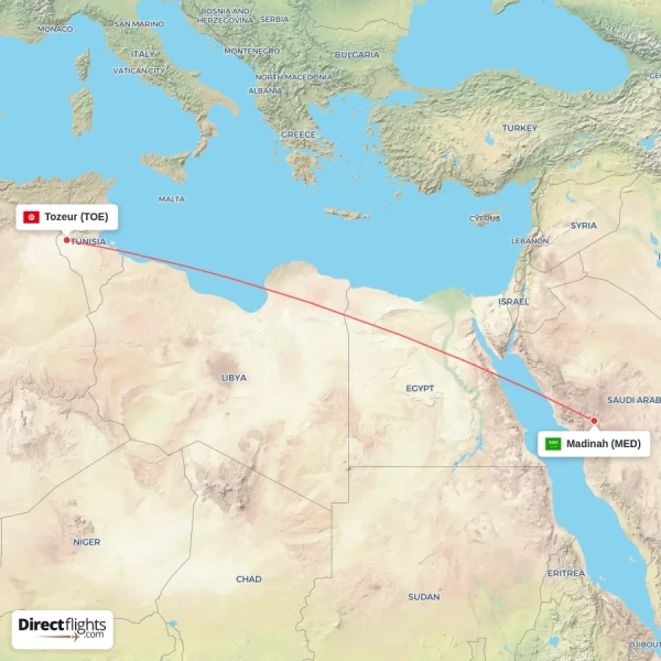 Madinah - Tozeur direct flight map